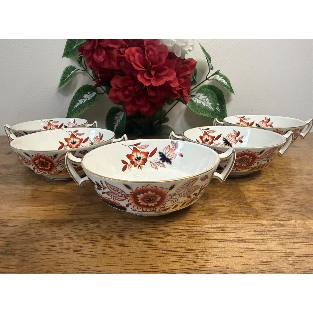Vintage Booths Dovedale Two Handled Soup Bowls Hand Painted‎ Gold Set Of 5